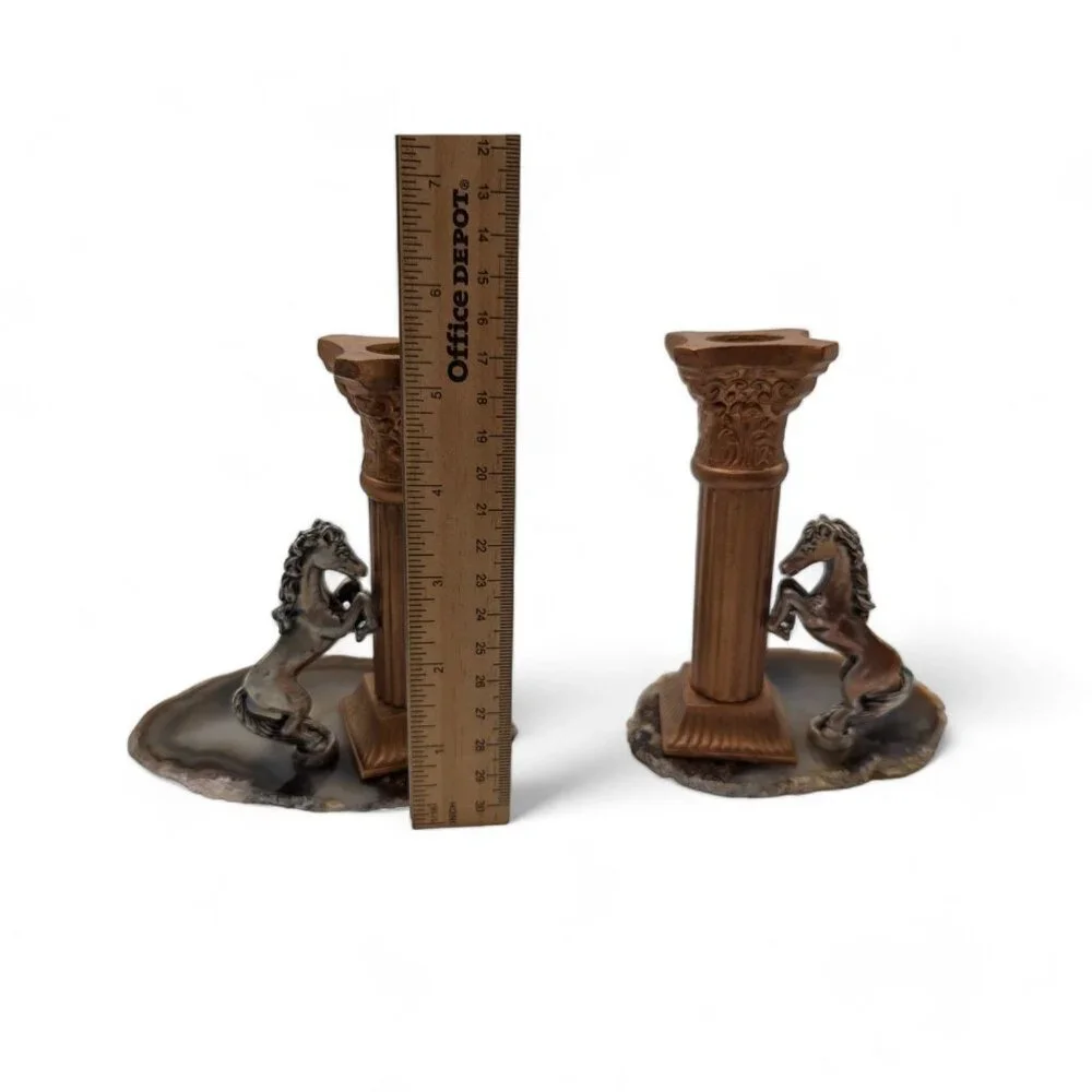 Vintage Horse Column Candle Holders with Agate Bases - 5.5